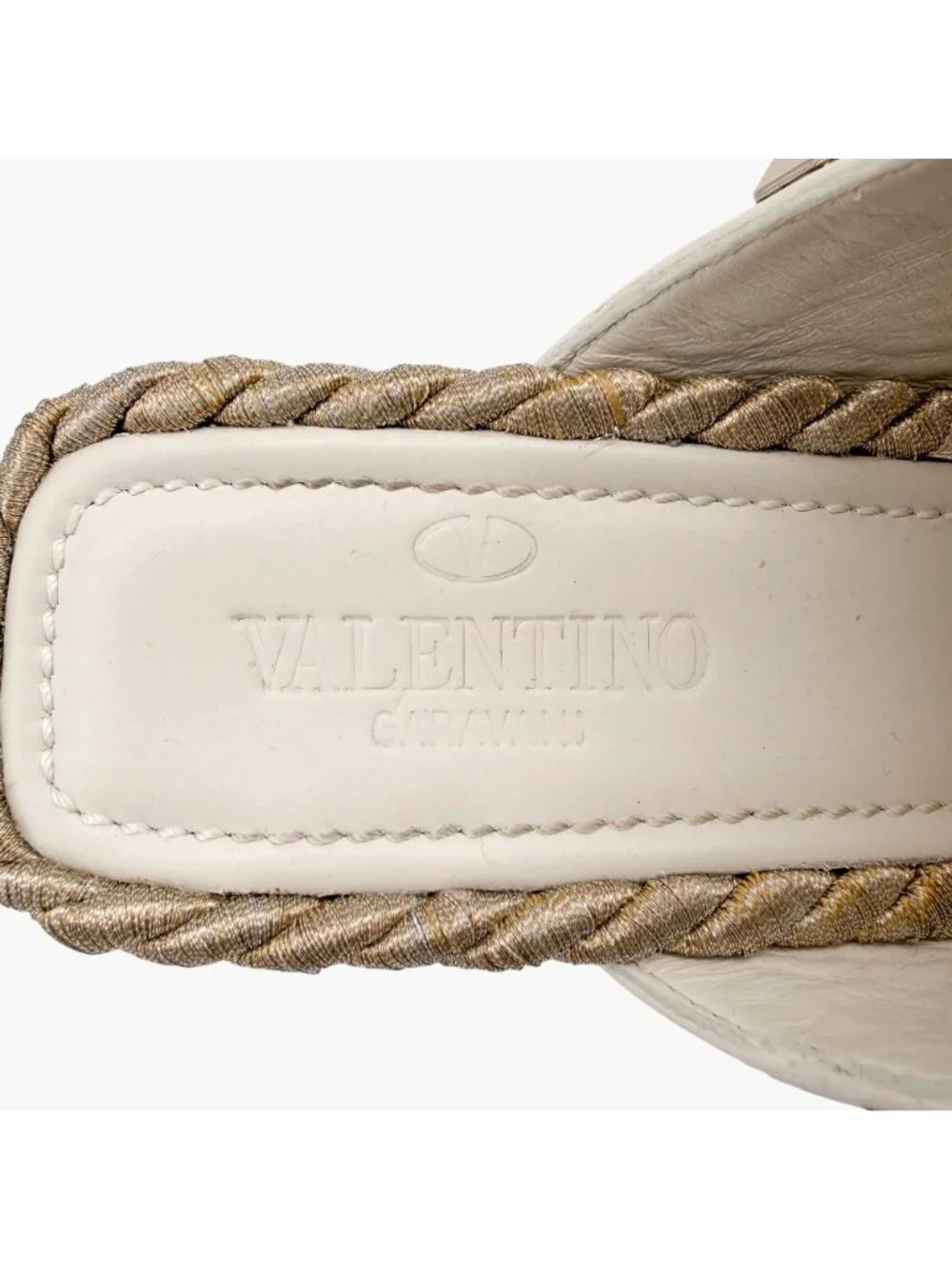 Valentino Rockstud Torchon Espadrille Wedge Sandals White Leather Size 39 US 9